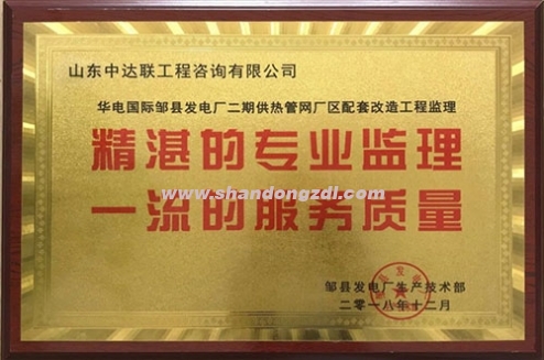 華電鄒縣發(fā)電廠二期供熱管網(wǎng)監(jiān)理部榮獲“精湛的專業(yè)監(jiān)理 一流的服務(wù)質(zhì)量”獎牌